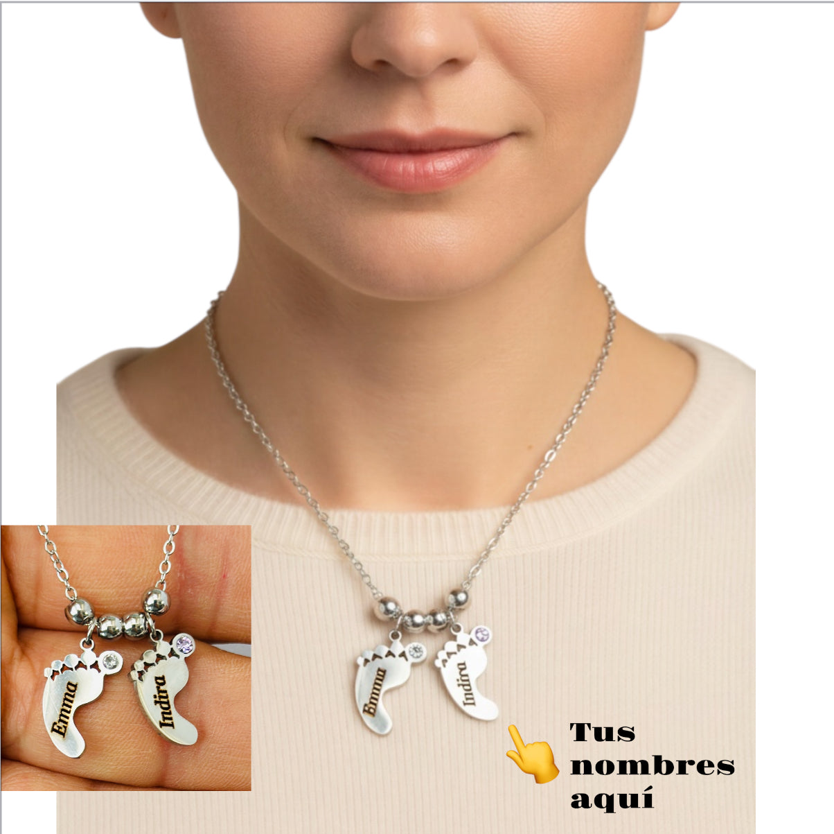 Colgante de pies con grabado de nombres plateado